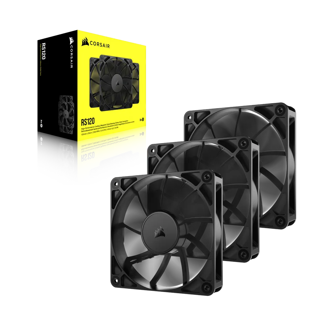 CORSAIR RS120 120mm PWM Fans Triple Pack, 2100 RPM, Noise level (low speed): 10 dB, Noise level (high speed): 36 dB, Maximum airflow: 72.8 cfm