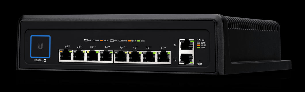 Ubiquiti UniFi - Industrial switch, 10 ports, 450W, 8 x Gigabit Ethernet 802.3bt PoE (60W) ports + 2 x Gigabit Ethernet ports, USW-Industrial-EU