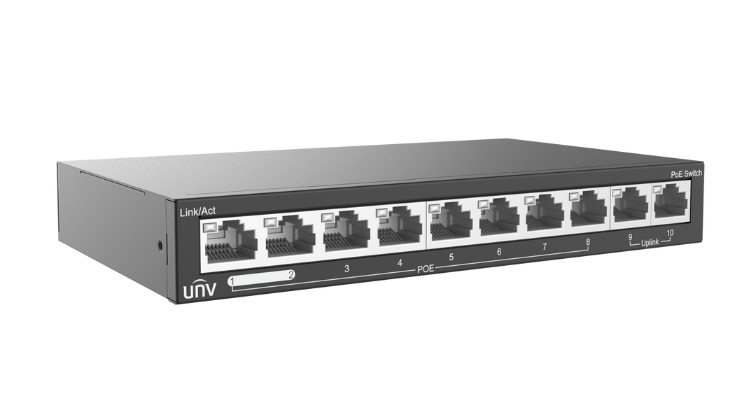 UNV 8 Port PoE Switch, supports EXTEND Mode (120W) 8-port, 2 Uplink port PoE Switch, Uniview 10 x 10/100 Ethernet Ports, POE up to 250m in EXTEND Mode