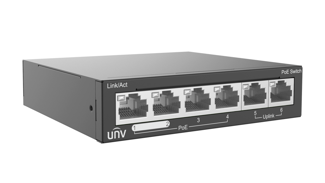 UNV - 4-Port PoE Switch, Supports Up to 250m transmission, Uniview 6 x 10/100Mbps ports support PoE, 2 Uplink port PoE