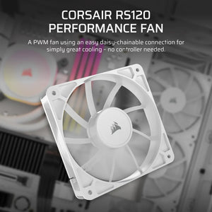 CORSAIR RS120 120mm PWM Fan – White, Fan diameter: 12 cm, Noise level (low speed): 10 dB, Noise level (high speed): 36 dB, Maximum airflow: 72.8 cfm