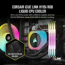 Load image into Gallery viewer, Corsair iCUE Link H115i RGB Liquid CPU Cooler - QX140 RGB Fans - 280mm Radiator - Fits Intel LGA 1700; AMD AM5 - Hub included
