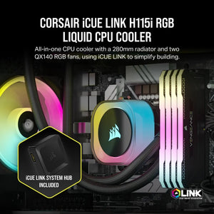 Corsair iCUE Link H115i RGB Liquid CPU Cooler - QX140 RGB Fans - 280mm Radiator - Fits Intel LGA 1700; AMD AM5 - Hub included