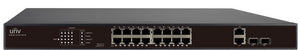 UNV 16 Port PoE Switch, supports EXTEND Mode up to 250M, Uniview 16 x 10/100 Ethernet Ports, 2 x Gigabit Combo Ports, PoE 802.3af/at with 250W PoE