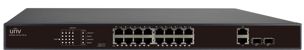 UNV 16 Port PoE Switch, supports EXTEND Mode up to 250M, Uniview 16 x 10/100 Ethernet Ports, 2 x Gigabit Combo Ports, PoE 802.3af/at with 250W PoE