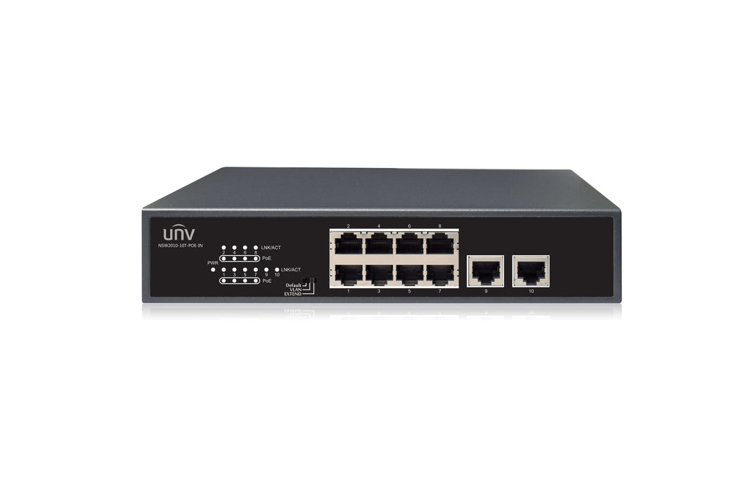UNV 8 Port PoE Switch, supports Extend Mode (120W) 8-port, 2 Uplink port PoE Switch, Uniview 10 x 10/100 Ethernet Ports, POE up to 250m in Extend Mode