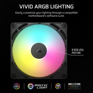 CORSAIR RS140 ARGB 140mm PWM Fans Dual Pack, Noise level 10 dB, Noise level (high speed): 36 dB, Maximum airflow: 95.5 cfm, Product colour: Black