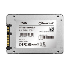 Transcend TS128GSSD230S 128GB SSD230 2.5" SSD Drive - SATA III 3D TLC with dRAM cache - 560MB/s Read, 380MB/s Write, 70 TBW, Component for PC/notebook