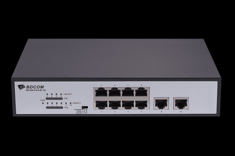 Bdcom 10-port 10/100 POE switch (8 POE ports, 2 Base-T ports), Unmanaged Switch - 120W PoE, AC220V power supply Included, Bdcom-PS1010-8P-120