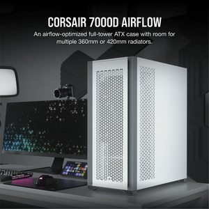 Corsair 7000D Airflow Tempered Glass Full Tower PC CASE, White - 6x3.5''; 4x2.5'' - Up to 420mm Liquid Cooler, ATX