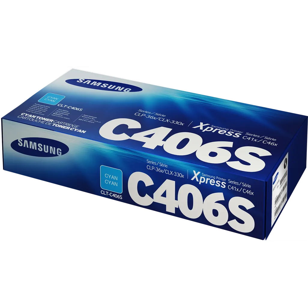 Samsung CLT-C406S Cyan Original Toner Cartridge. Colour toner page yield: 1000 pages, Printing colours: Cyan, Quantity per pack: 1 pc(s)