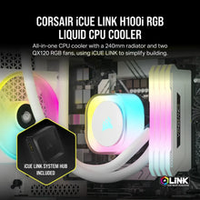 Load image into Gallery viewer, Corsair iCUE Link H100i RGB Liquid CPU Cooler - QX120 RGB Fans - White - 240mm Radiator - Fits Intel LGA 1700; AMD AM5 - Hub Included
