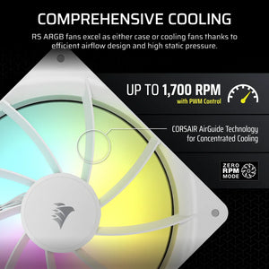 CORSAIR RS140 ARGB 140mm PWM Fan, Fan diameter: 14 cm, White, Noise level (high speed): 36 dB, Maximum airflow: 95.5 cfm, Product colour: White