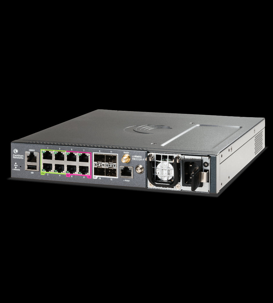 Cambium cnMatrix TX2012R-P PoE WISP Tower Switch, 8 x 1G and 4 x SFP+ Ports, Removeable & Redundant Power Supplies (not included), CB-Cnm-TX2012R-P