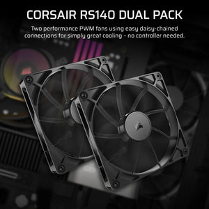 CORSAIR RS140 140mm PWM Fans Dual Pack, Fan diameter: 14 cm, Noise level (high speed): 36 dB, Maximum airflow: 95.5 cfm, Product colour: Black