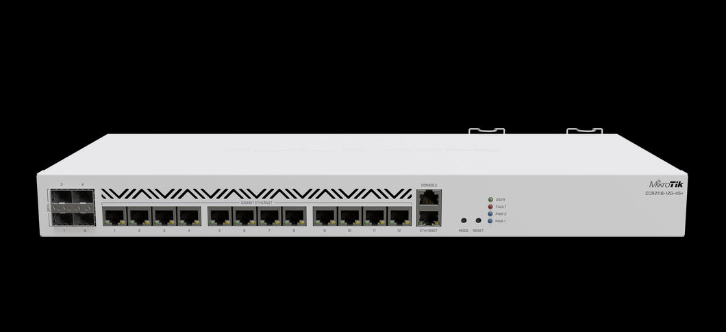 MikroTik CCR2116-12G-4S+ Router, with 4x10G SFP+ and 13x 1G Ethernet and 1x M.2 slot, ARM 64bit, 16 GB RAM, 128 MB Storage, RouterOS (License level 6)