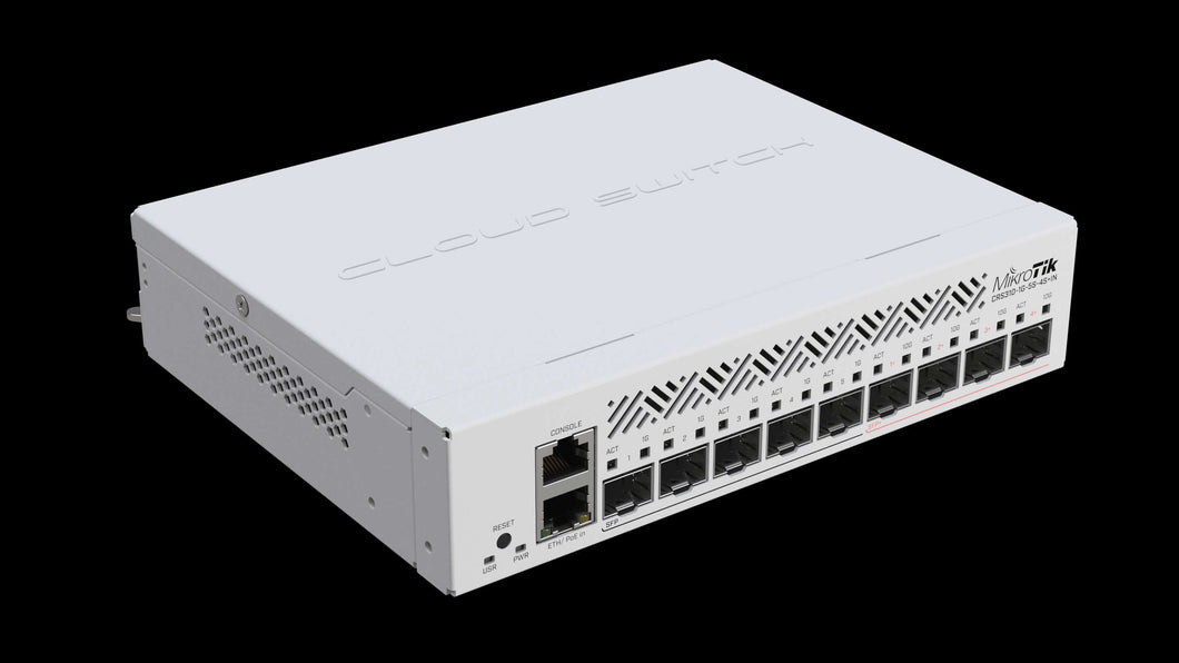 MikroTik CRS310-1G-5S-4S+IN Cloud Router Switch, Featuring 4 x 10G SFP+ Ports, 5 x 1G SFP Ports, 1 x 1G Ethernet Port, PoE 802.3af/at, passive PoE