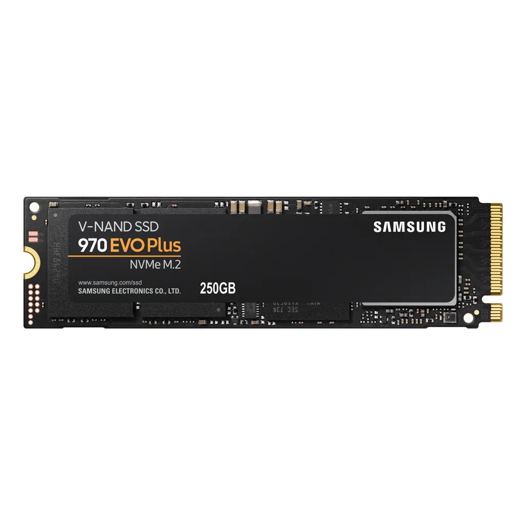 Samsung MZ-V7S250BW 970 EVO Plus 250GB NVMe SSD - Read Speed up to 3500 MB/s; Write Speed up to 2300 MB/s; 150 TBW; 1.5 M HR MTBF, PCI Express 3.0