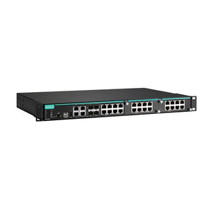 MOXA 4*4G Port Gigabit Modular Managed Ethernet switch, 8*10/100BaseT(X) ports 4*10/100/1000BaseT(X) or 100/1000BaseSFP combo, 2*PoE