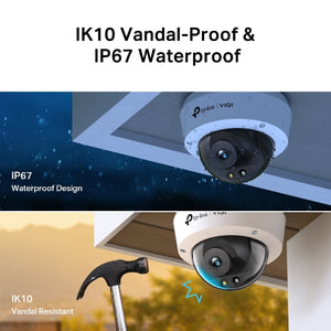 TP-Link VIGI 4MP Full-Color Dome Network Camera, IR/White Light, PoE/12V DC, 2.8 mm Fixed Lens, Built-In Microphone, micro-SD Slot, IK10, IP67