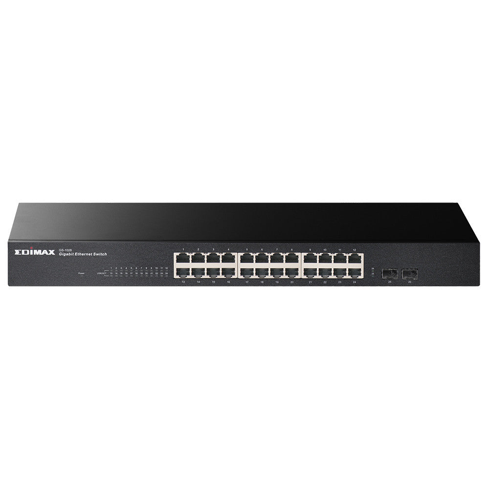 Edimax 24 Port Unmanaged Gigabit Switch with 2 SFP Ports, 24x 10/100/100Mbps Ports + 2x SFP slots, Rack Mount Gigabit Ethernet Switch, ED-GS-1026-V3