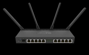 MikroTik RB4011iGS+RM Powerful 10xGigabit port router with a Quad-core 1.4Ghz CPU, 1GB RAM, SFP+ 10Gbps cage and desktop case with rack ears, RouterOS