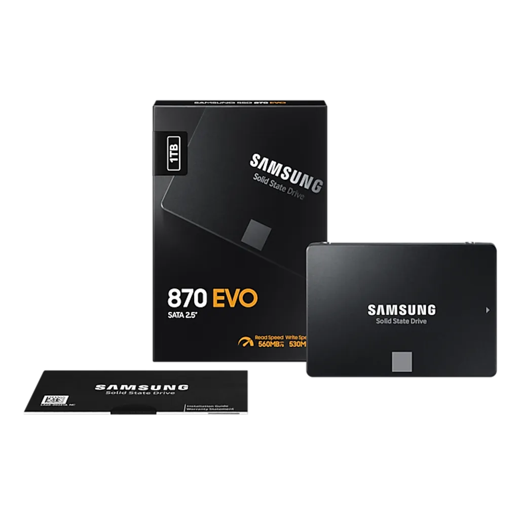 Samsung MZ-77E1T0BW 870 EVO 1 TB SATA SSD; Read Speed up to 560 MB/s; Write Speed up to 530 MB/s; Random Read Max 98000 IOPS