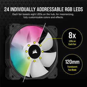 Corsair SP120 RGB ELITE; 120mm RGB LED Fan with AirGuide, Triple Pack with Lighting Node CORE, Fan diameter 12 cm, Voltage: 6 - 13.2 V, Colour: Black