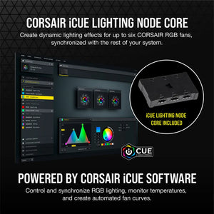 Corsair SP120 RGB ELITE; 120mm RGB LED Fan with AirGuide, Triple Pack with Lighting Node CORE, Fan diameter 12 cm, Voltage: 6 - 13.2 V, Colour: Black