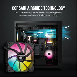 Corsair SP120 RGB ELITE; 120mm RGB LED Fan with AirGuide, Triple Pack with Lighting Node CORE, Fan diameter 12 cm, Voltage: 6 - 13.2 V, Colour: Black