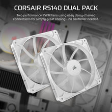 Load image into Gallery viewer, CORSAIR RS140 140mm PWM Fans Dual Pack, Noise level (high speed): 36 dB, Maximum airflow: 95.5 cfm, 330 RPM, 1700 RPM max, Product colour: White
