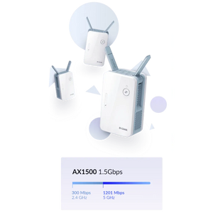 D-Link E15 AX1500 Mesh Range Extender, Dual-band 2x2 WiFi 6, 1200Mbps (5GHz) and 300Mbps (2.4GHz) speeds, with Mesh capability, 10/100/1000Base-T(X)