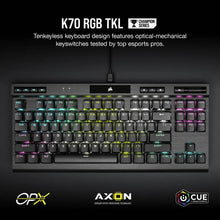 Load image into Gallery viewer, Corsair K70 RGB TKL Optical-Mechanical Gaming Keyboard; Backlit RGB LED; CORSAIR OPX Keyswitches; Black
