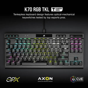 Corsair K70 RGB TKL Optical-Mechanical Gaming Keyboard; Backlit RGB LED; CORSAIR OPX Keyswitches; Black