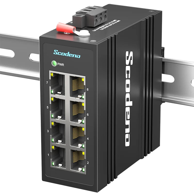 Scodeno Industrial Ethernet Switch 8-Port Megabit 10/100Mbps Unmanaged -40 to 75°C DIN-Rail IP40, 8*10/100Base-T ports