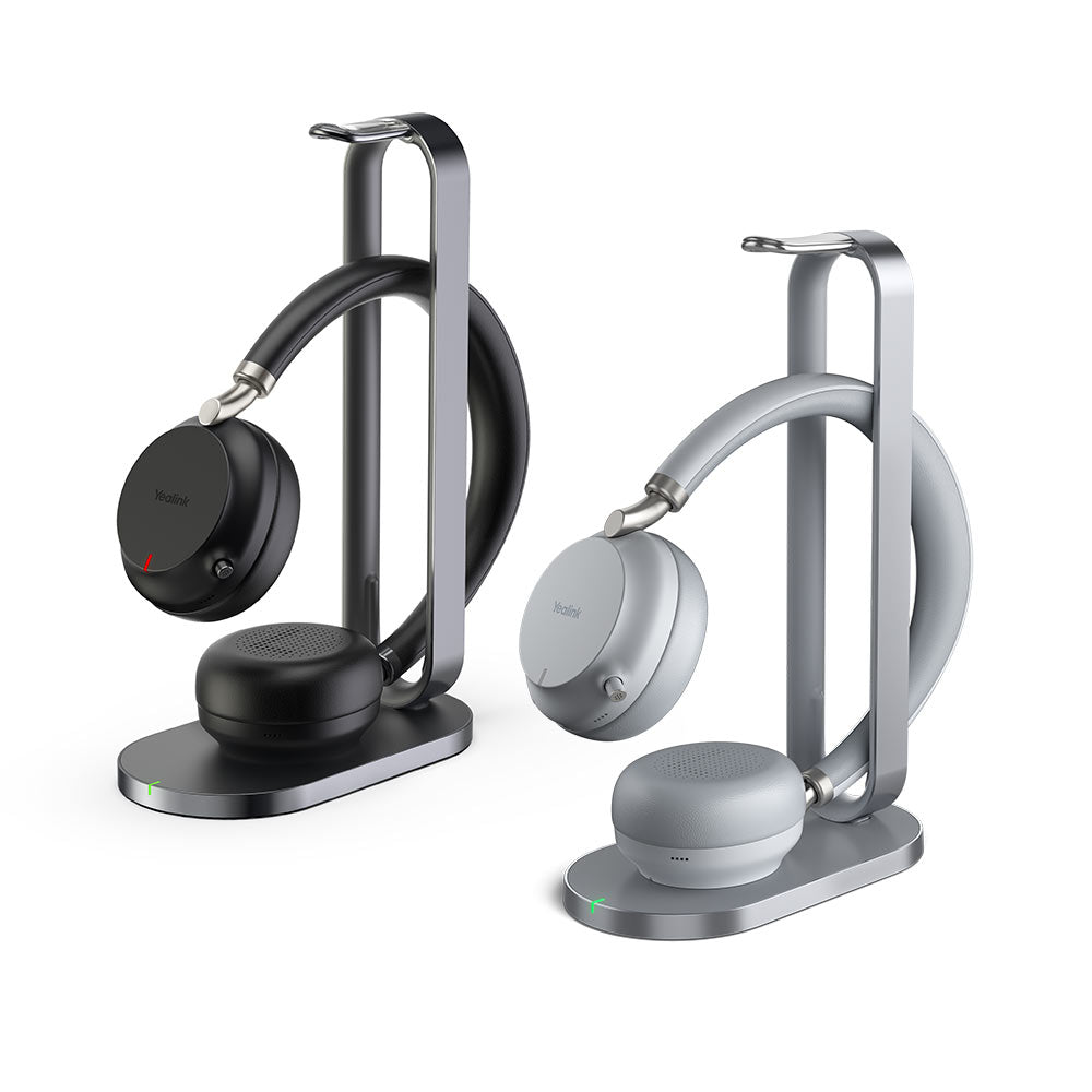 Yealink Bluetooth headset with charging stand, USB-A connection, Teams Certified (Grey), Supports wireless charging, Retractable microphone boom/arm