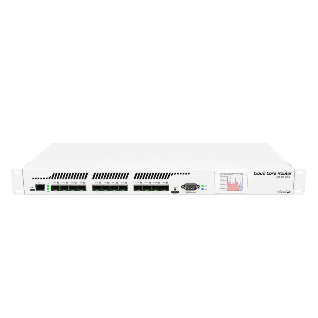 MikroTik CCR1016-12S-1S+ Cloud Core Router, 1U rackmount, 12xSFP cage, 1x SFP+ cage, 16 cores x 1.2GHz CPU, 2GB RAM, LCD panel, Dual Power Supply, ROS