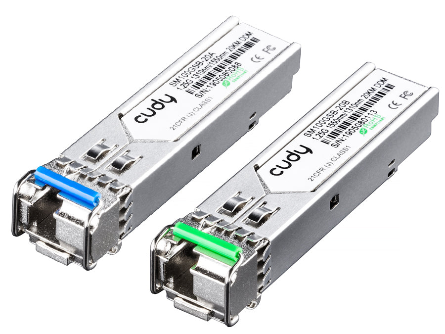 Cudy Single Mode 1.25G LC Bi-Directional SFP 20km, designed for Single Mode fibre deployments up to 20km at 1.25Gbps, 1310nm / 1550nm | SM100GSB-20AB