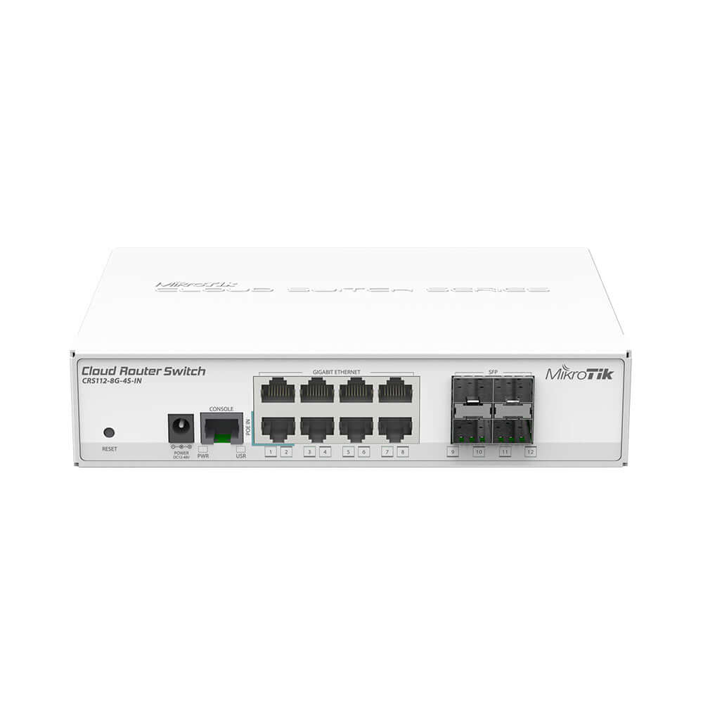 MikroTik Cloud Router Switch CRS112-8G-4S-IN, features 8x Gigabit Ethernet Smart Switch, 4×SFP cages, 400MHz CPU, 128MB RAM, desktop case, RouterOS L5