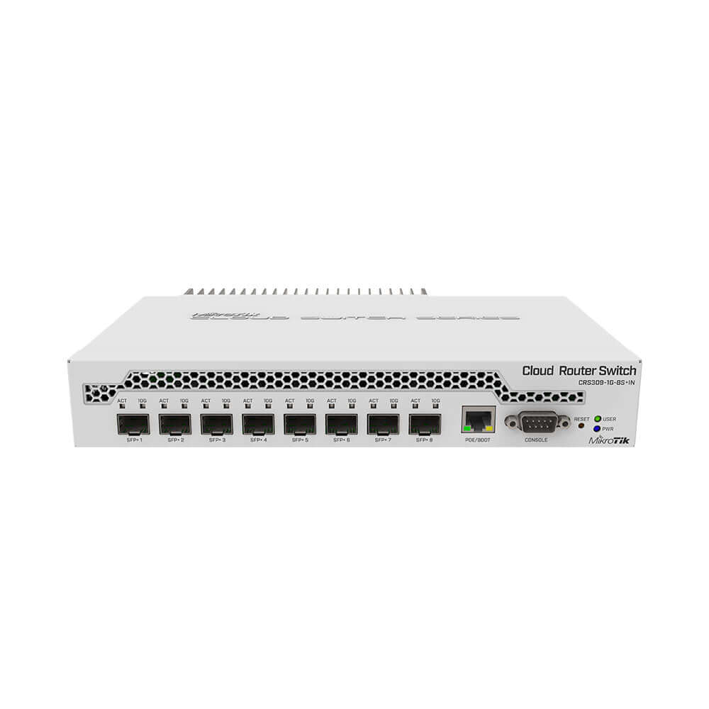 MikroTik Cloud Router Switch CRS309-1G-8S+IN, 1x GB Ethernet, 8x SFP+ Cages, RouterOS L5 Or SwitchOS (Dual Boot), Passive Desktop Case, PSU