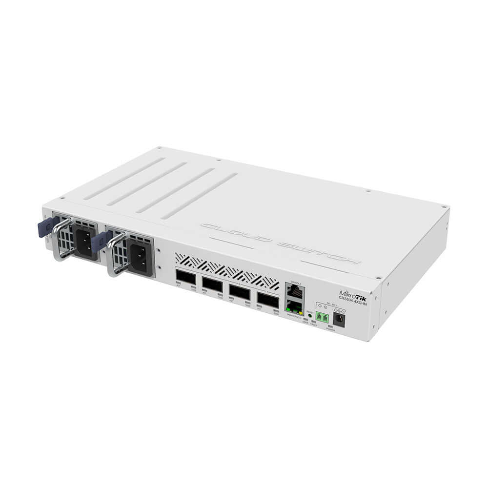 MikroTik Cloud Router Switch CRS504-4XQ-IN, 16x 25G Ports 4x 100G QSFP28 Ports, 1x 100MB Ethernet Port for Management, Desktop Case, Dual Hot-Swap PSU