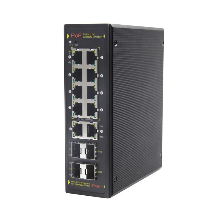ONV Full Gigabit 14-port L2+ Managed industrial PoE switch, 10x 10/100/1000Base-T Ports + 4 (100/1000M) SFP ports, 28Gbps Switching