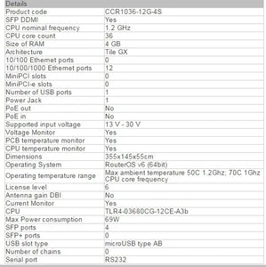 Mikrotik CCR1016-12G/CCR1036-12G-4S/CCR1036-12G-4S-EM Industrial Gigabit Optical Fiber ROS Cloud Router, 12 x Gigabit Ethernet