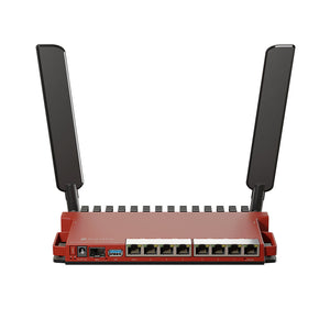MikroTik L009UiGS-2HaxD, 8x Gb LAN, 1x 2.5 Gb SFP port, 2.4 GHz 802.11b/g/n/ax dual-chain wireless, 4dBi 2.4GHz external antennas, USB, desktop case