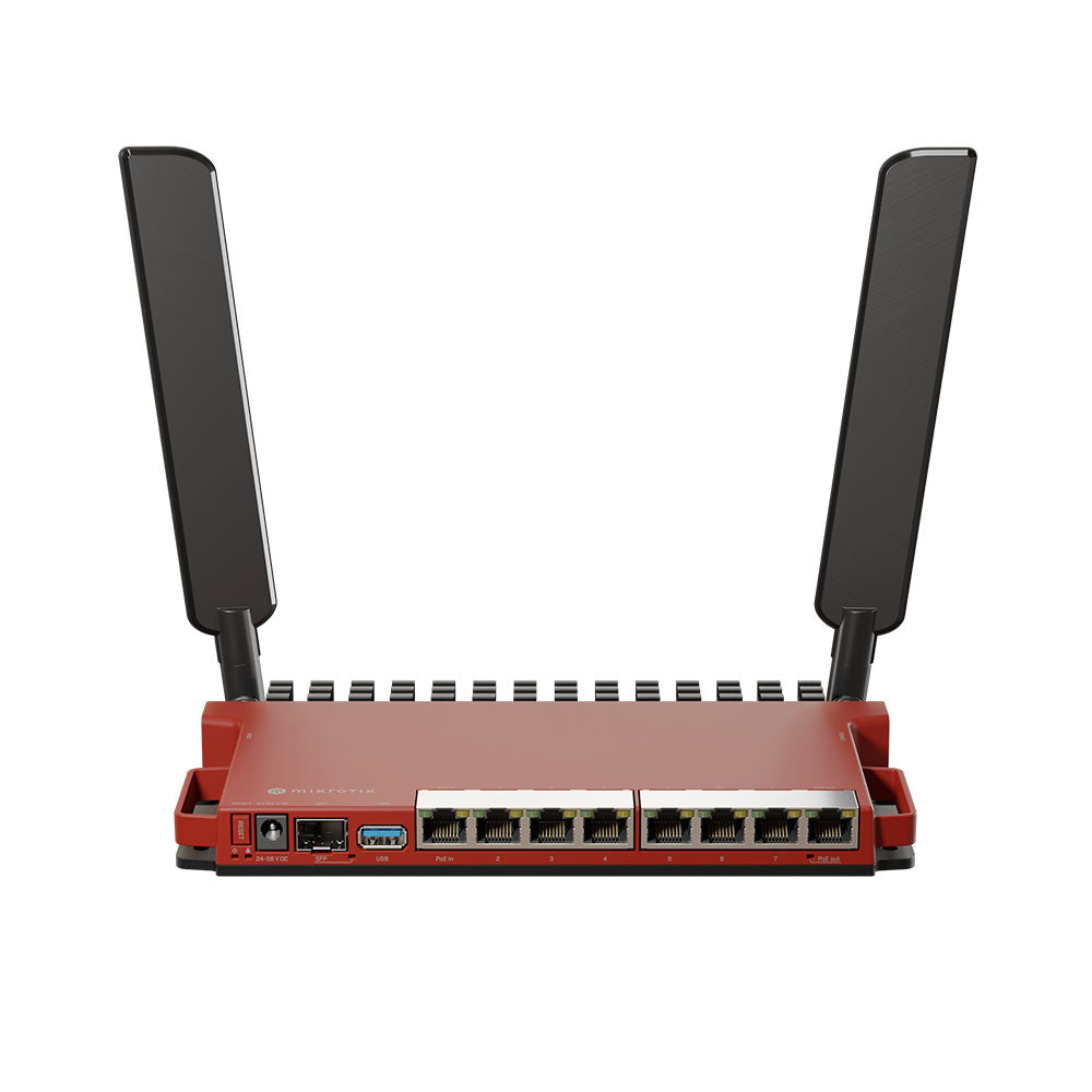 MikroTik L009UiGS-2HaxD, 8x Gb LAN, 1x 2.5 Gb SFP port, 2.4 GHz 802.11b/g/n/ax dual-chain wireless, 4dBi 2.4GHz external antennas, USB, desktop case