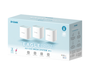 D-Link M15 AX1500 Mesh Router (3 Pack Mesh) Dual-band 2x2 WiFi 6, 1200Mbps (5GHz) + 300Mbps (2.4GHz) speeds, Coverage 5400 sq. ft. & mesh capabilities