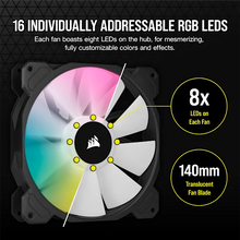 Load image into Gallery viewer, Corsair CO-9050111-WW SP140 RGB ELITE; 140mm RGB LED Fan with AirGuide Technology; Dual Pack with Lighting Node CORE, Low-Noise, High-Performance
