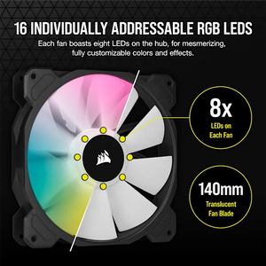 Corsair CO-9050111-WW SP140 RGB ELITE; 140mm RGB LED Fan with AirGuide Technology; Dual Pack with Lighting Node CORE, Low-Noise, High-Performance