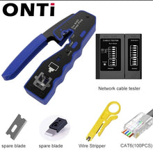 Load image into Gallery viewer, ONTi RJ45 Cat7/6/6A/5E Connector, RJ45 Crimper Tool Pass Through Crimp with Replacement Blade Ethernet Cable Stripper
