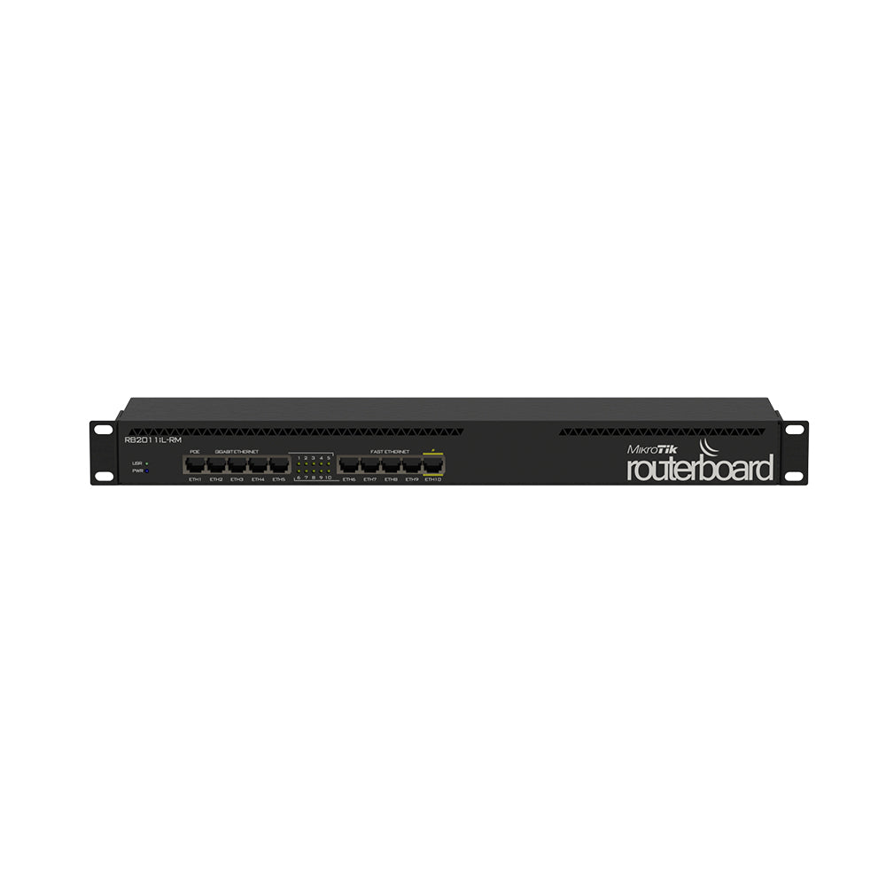 MikroTik RouterBOARD 2011iL-RM, 1U Rackmount metal case, 5x 10/100 Ethernet ports & 5x 10/100/1000 Ethernet ports, 600MHz CPU, 64MB RAM, RouterOS L4